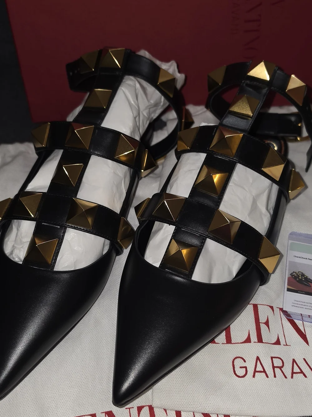 Valentino Black Leather Pointed Flats with Gold Pyramid Studs